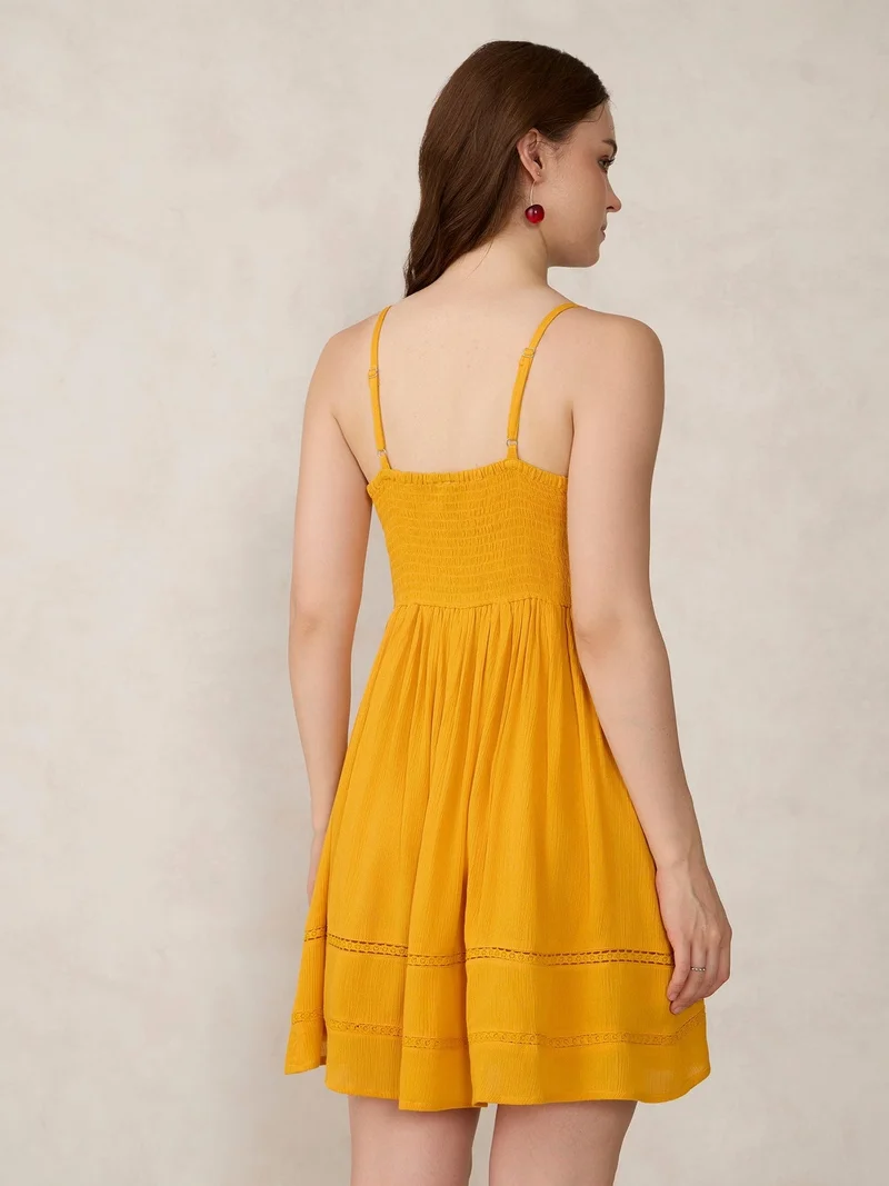 Outzidr Mustard Mustard Aline Mini Dress With Lace Detail for Women | Best Price UAE